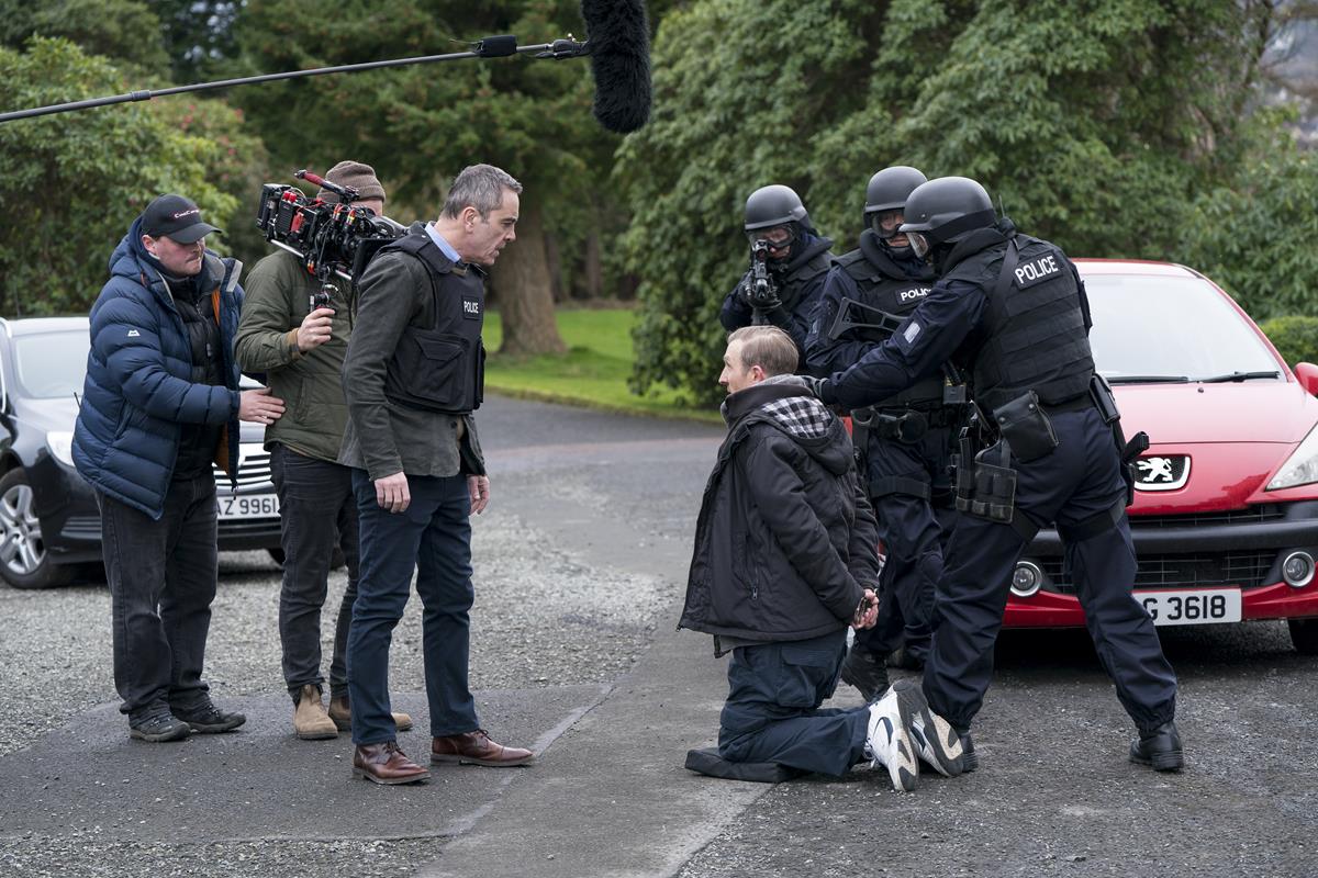 James Nesbitt and Caolan Byrne behind the scenes of BLOODLANDS. Cr: HTM Television/Steffan Hill