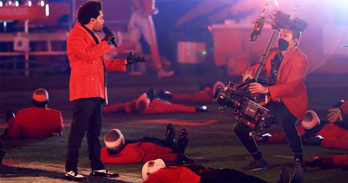 The Weeknd performing the halftime show at Super Bowl LV.