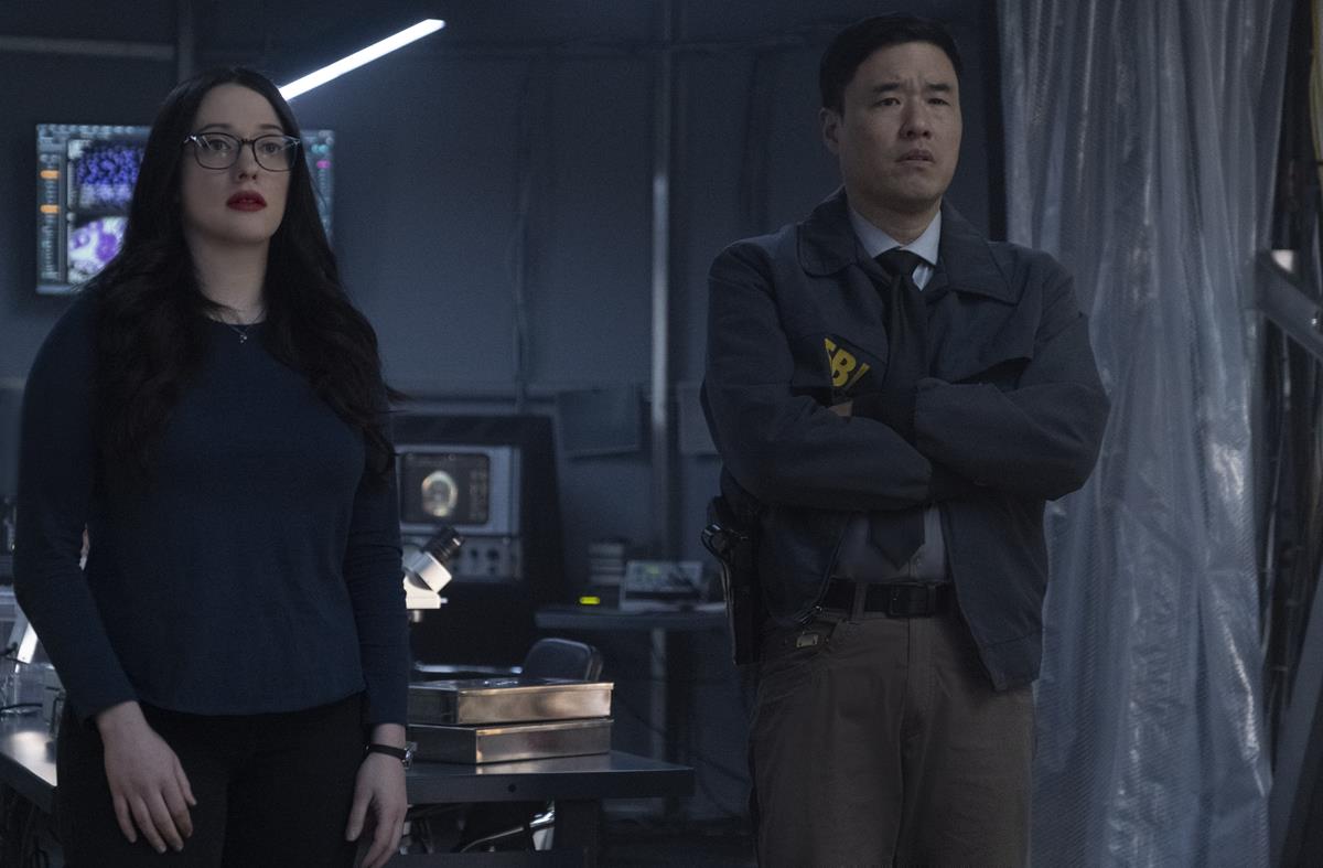 (L-R): Kat Dennings as Darcy Lewis and Randall Park as Jimmy Woo in “WandaVision.” Cr: Marvel Studios