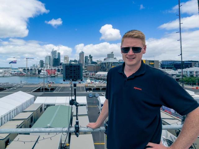Riedel’s Technical Director Tim Puschkeit at the IBC in Auckland harbor.