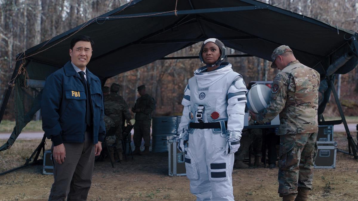 (L-R): Randall Park as Jimmy Woo and Teyonah Parris as Monica Rambeau in “WandaVision.” Cr: Marvel Studios