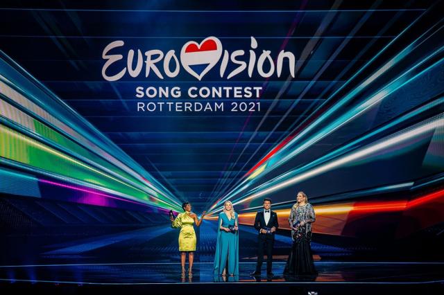 The Eurovision Song Contest 2021 was hosted by (left to right) Edsilia Rombley, Chantal Janzen, Jan Smit and Nikkie de Jager (also known as NikkieTutorials). Cr: Jordy Brada