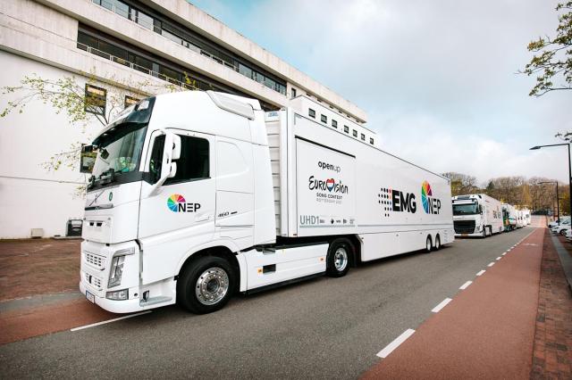 A caravan of OB trucks, dual-branded EMG-NEP for Eurovision, sets out from Hilversum to Rotterdam on April 21. Cr: NPO/NOS/AVROTROS, Nathan Reinds
