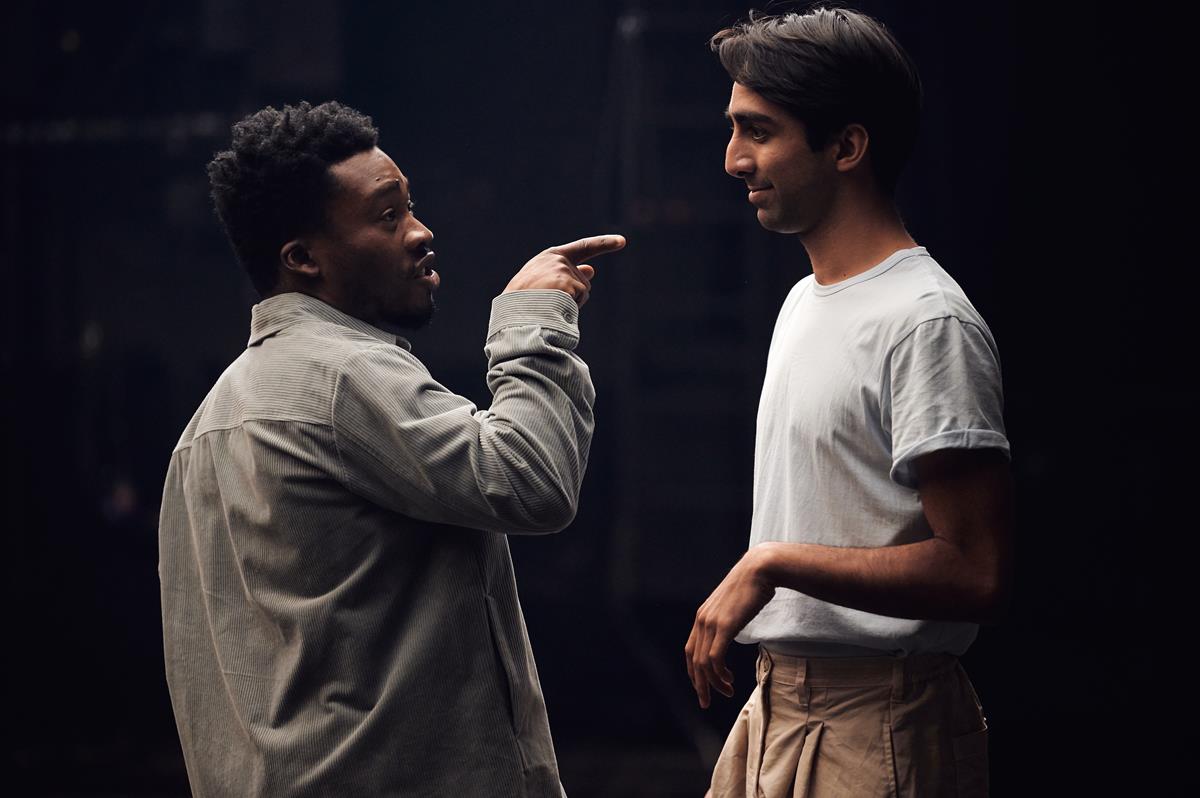 Fisayo Akinade as Mercutio and Shubham Saraf as Benvolio in the National Theatre’s “Romeo & Juliet,” directed by Simon Godwin. Cr: Rob Youngson/National Theatre