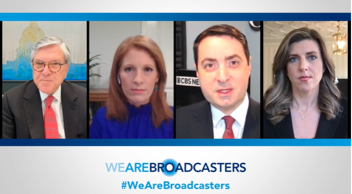 NAB president and CEO Gordon Smith with ABC News Washington correspondent Karen Travers, CBS News Radio White House correspondent Steven Portnoy, and NBC News Digital senior White House reporter Shannon Pettypiece.