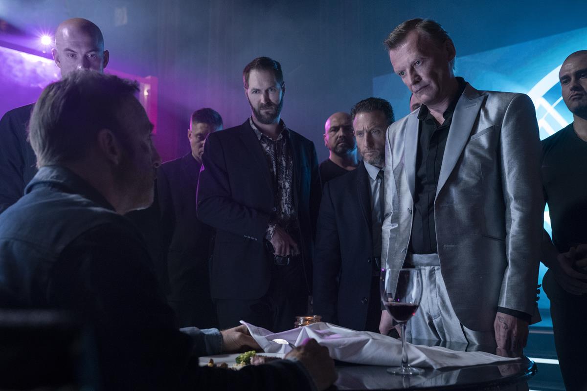 Bob Odenkirk as Hutch Mansell, Neil Davison as Albert, Alexey Serebryakov as Yulian Kuznetsov, with members of the Russian mafia in “Nobody,” directed by Ilya Naishuller. Cr: Allen Fraser/Universal Pictures