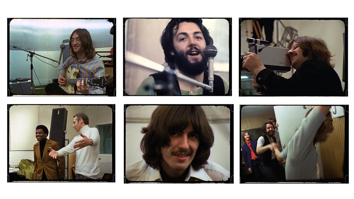 Clockwise from top left: John Lennon mugging for the camera; Paul McCartney; Ringo Starr; studio high jinks; George Harrison; producer George Martin welcoming keyboardist Billy Preston. “The Beatles: Get Back.” Cr: Apple Corps Ltd./Disney