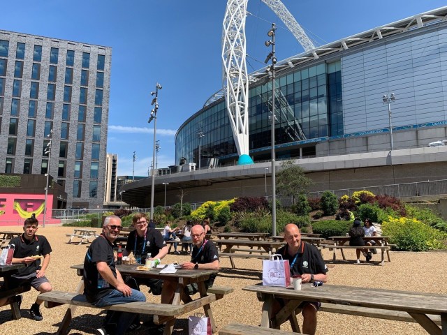 Telegenic OB crew taking a break at Wembley Stadium