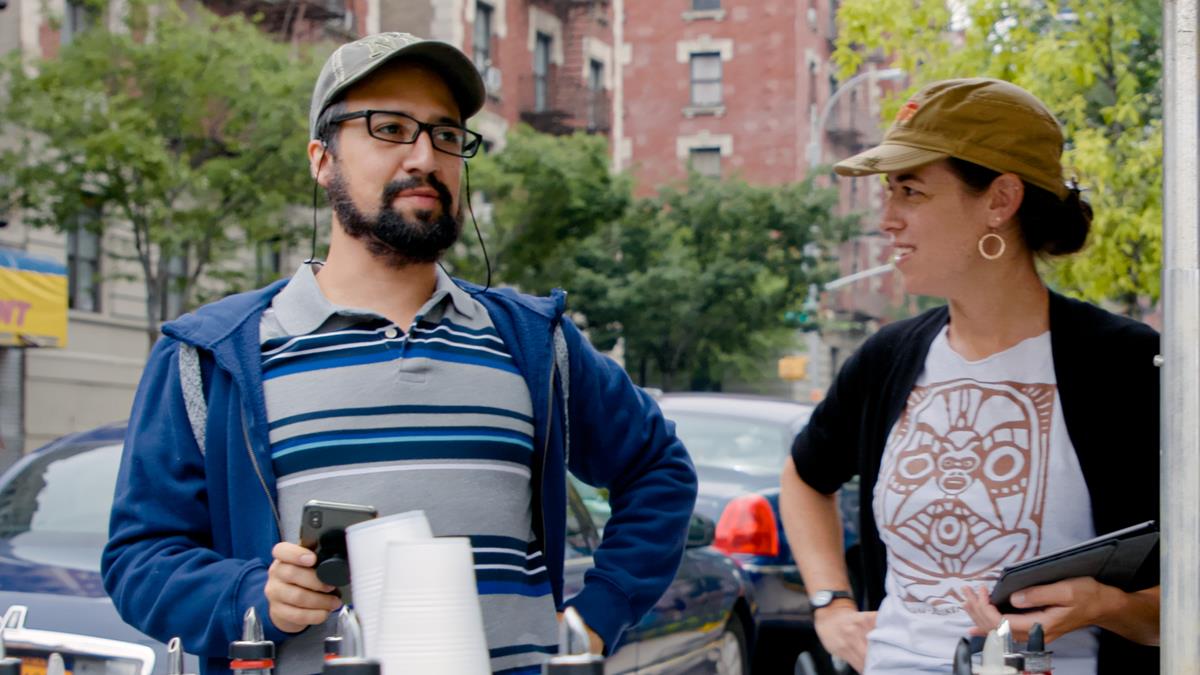 Concept/music & lyrics/producer Lin-Manuel Miranda and Quiara Alegría Hudes on the set of director Jon M. Chu’s screen adaptation of “In The Heights.” Cr: Macall Polay/Warner Bros.