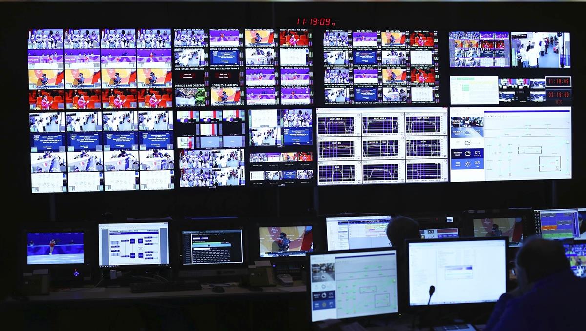 Monitor stack in the Olympic Broadcast Services Master Control Room. Cr: OBS