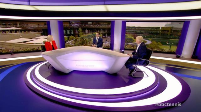 BBC Sport Wimbledon anchor Sue Barker with analysts Tim Henman and Boris Becker in the new virtual studio.