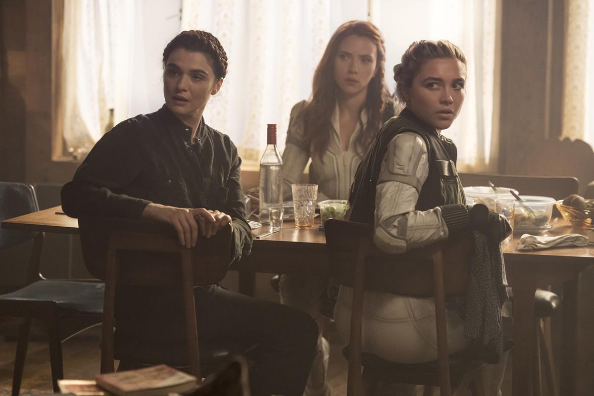 Rachel Weisz as Melina Vostokoff/Black Widow, Scarlett Johansson as Natasha Romanoff/Black Widow and Florence Pugh as Yelena Belova/Black Widow in Marvel’s “Black Widow.” Cr: Marvel Studios