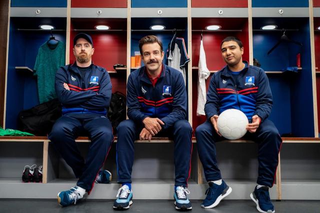 Brendan Hunt, Jason Sudeikis and Nick Mohammed in “Ted Lasso” season two, now streaming on Apple TV+.