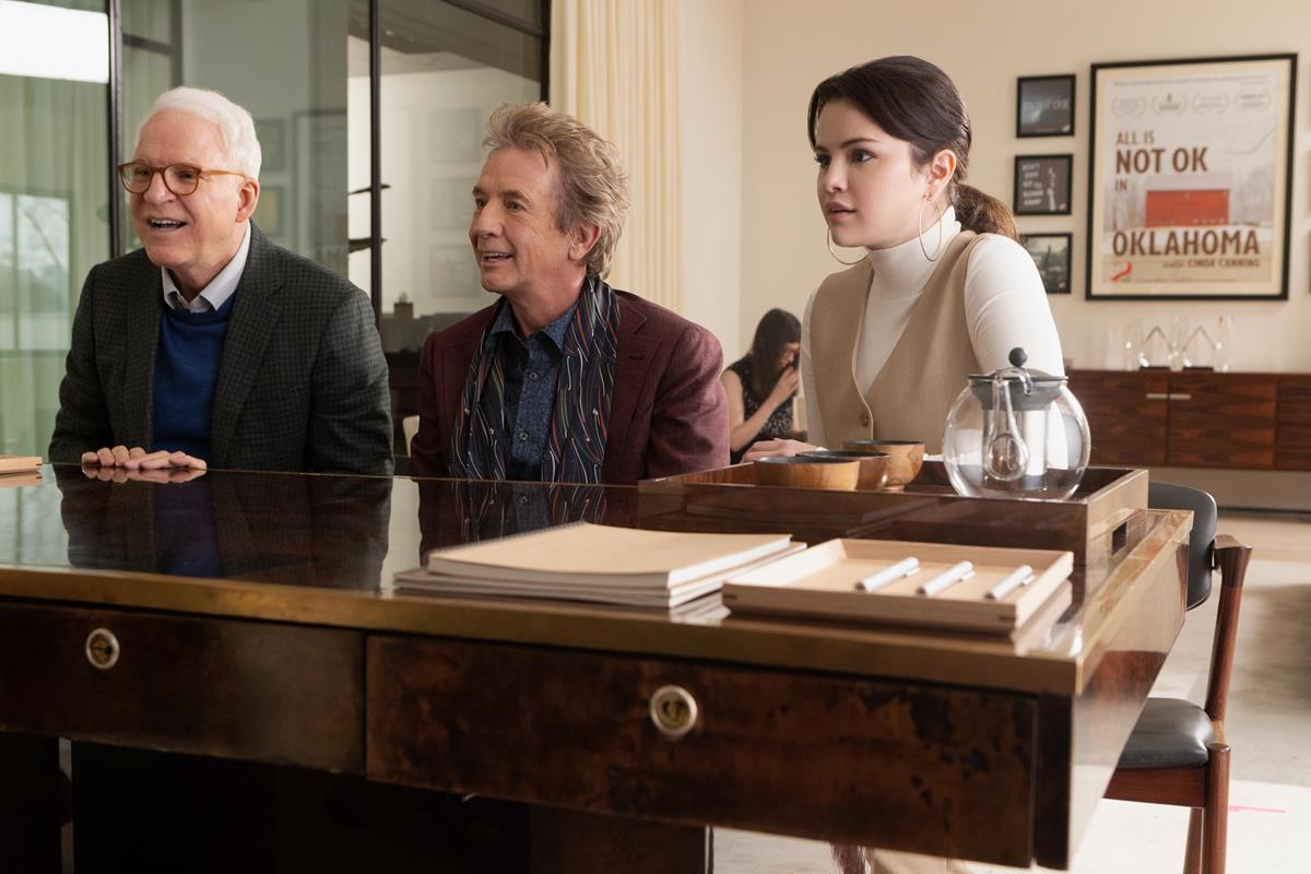 Steve Martin as Charles, Martin Short as Oliver, and Selena Gomez as Mabel Mora in Episode 4 of “Only Murders in the Building.” Cr: Hulu