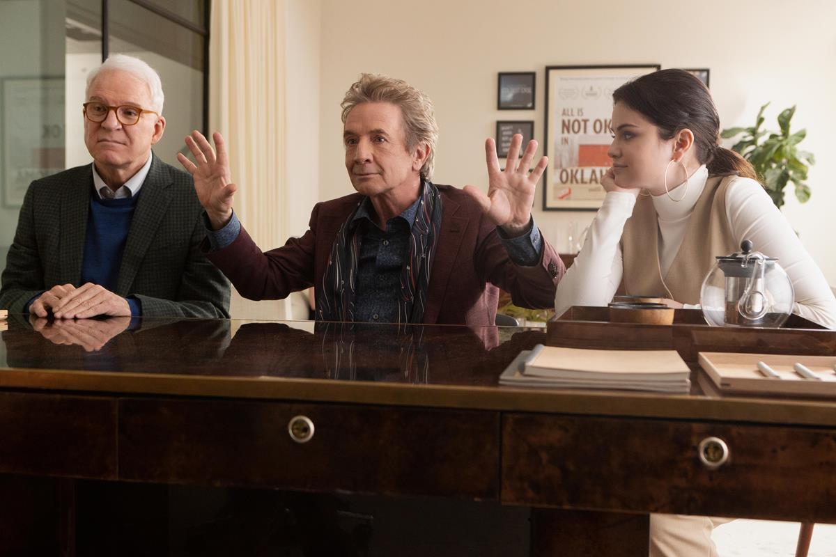 Steve Martin as Charles, Martin Short as Oliver, and Selena Gomez as Mabel Mora in Episode 4 of “Only Murders in the Building.” Cr: Hulu