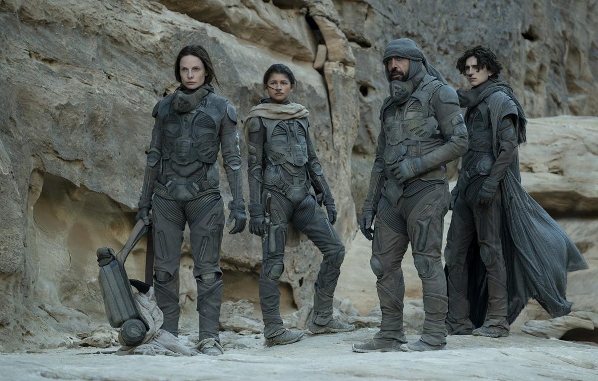 Rebecca Ferguson as Lady Jessica Atreides, Zendaya as Chani, Javier Bardem as Stilgar, and Timothée Chalamet as Paul Atreides in director Denis Villeneuve’s “Dune.” Cr: Warner Bros