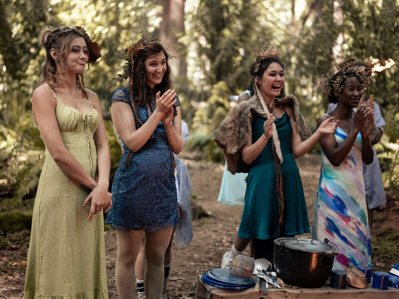 Ella Purnell as Teen Jackie, Sophie Nélisse as Teen Shauna, Alexa Barajas as Teen Mari, and Keeya King as Teen Akilah in season 1 episode 9 of “Yellowjackets.” Cr: Showtime