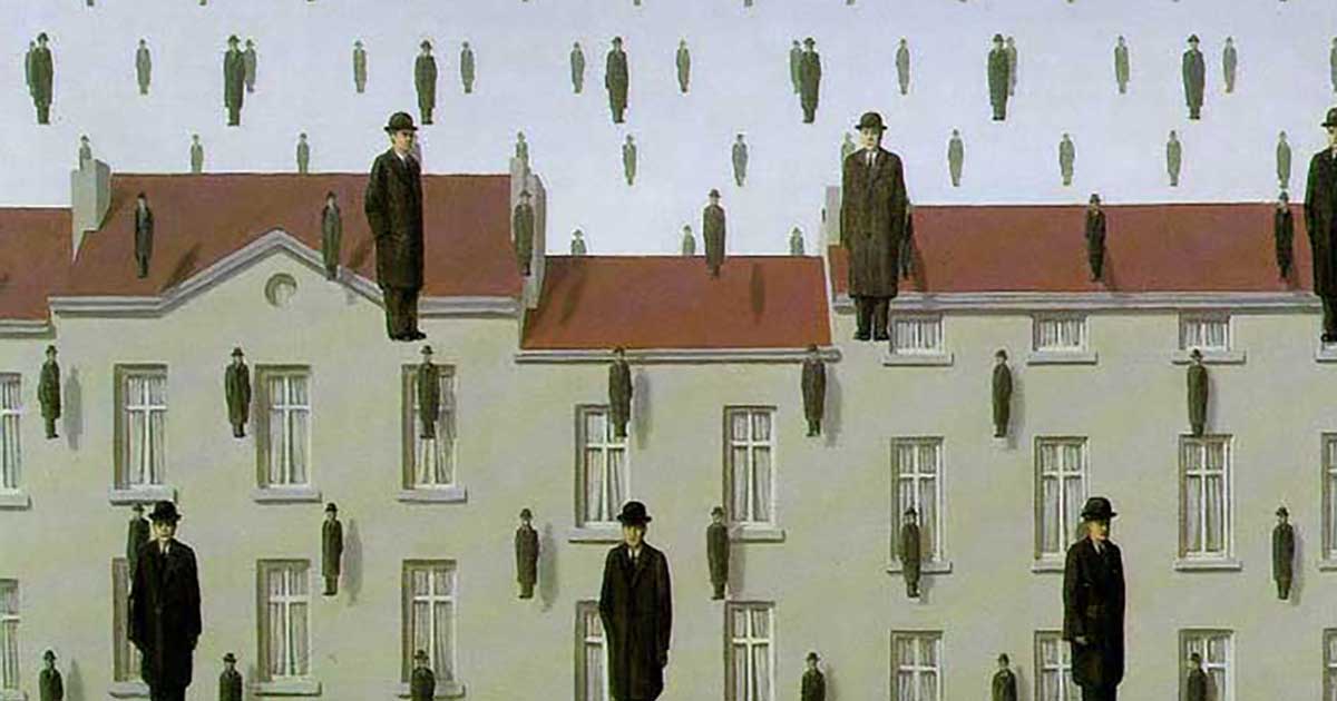 "Golconda - René Magritte 1953" by oddsock is licensed under CC BY 2.0. To view a copy of this license, visit https://creativecommons.org/licenses/by/2.0/?ref=openverse&atype=rich