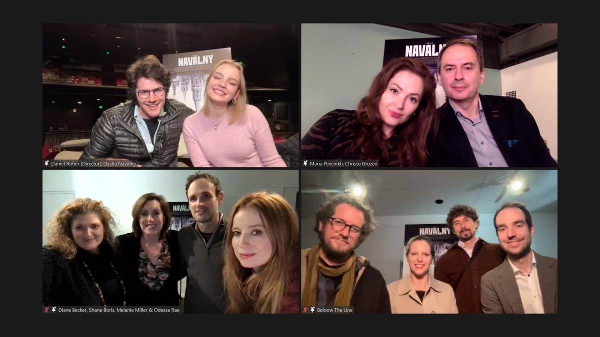 Director Daniel Roher, Dasha Navalny, Maria Pevchikh, Christo Grozev, producers Diane Becker, Shane Boris, Melanie Miller, and Odessa Rae, director of photography Niki Waltl, and editors Langdon Page, Maya Daisy Hawke, and Edmund Stenson during the Q&A session following the virtual premiere of “Navalny.” Cr: Sundance Institute