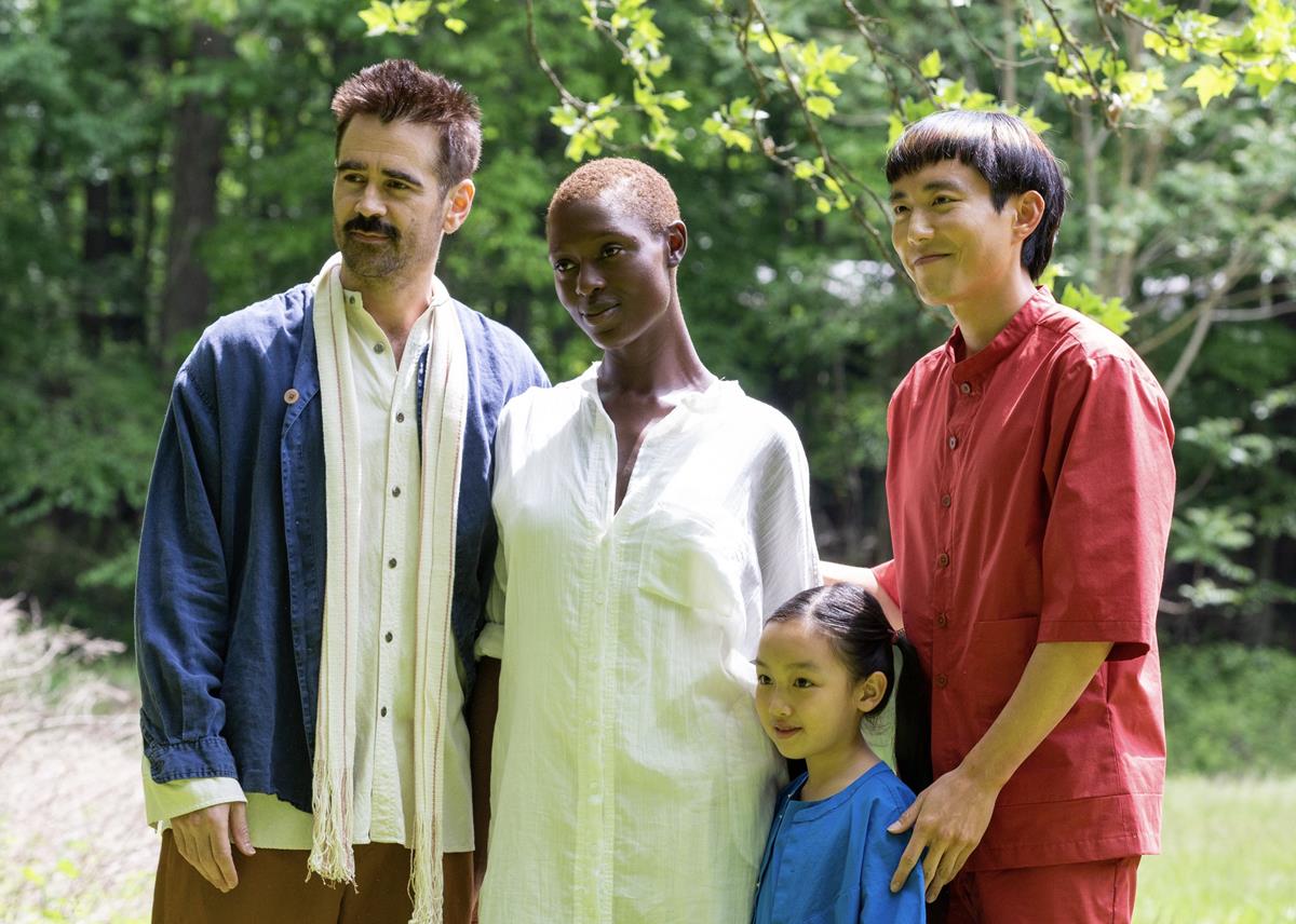 Colin Farrell as Jake, Jodie Turner-Smith as Kyra, Justin H. Min as Yang, and Malea Emma Tjandrawidjaja as Mika in director Kogonada’s “After Yang.” Cr: A24