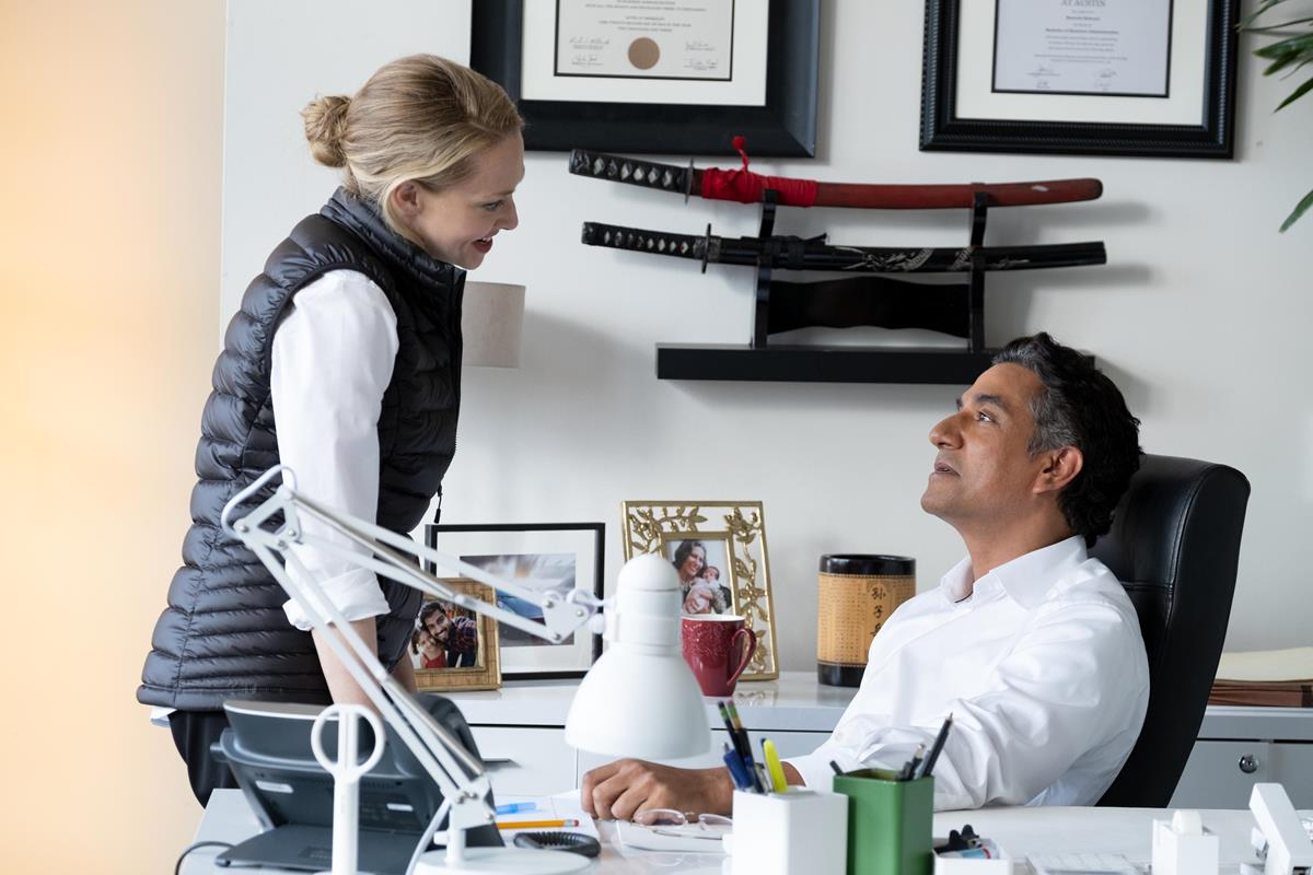 Amanda Seyfried as Elizabeth Holmes and Naveen Andrews as Sunny Balwani in episode 5 of “The Dropout.” Cr: Beth Dubber/Hulu