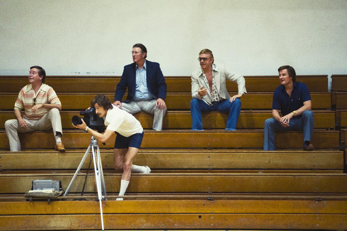 Spencer Garrett as Chick Hearn, Adrien Brody as Pat Riley, Brett Cullen as Bill Sharman, John C. Reilly as Jerry Buss, and Jason Clarke as Jerry West in season 1 episode 4 of “Winning Time: The Rise of the Lakers Dynasty.” Cr: Warrick Page/Warner Media