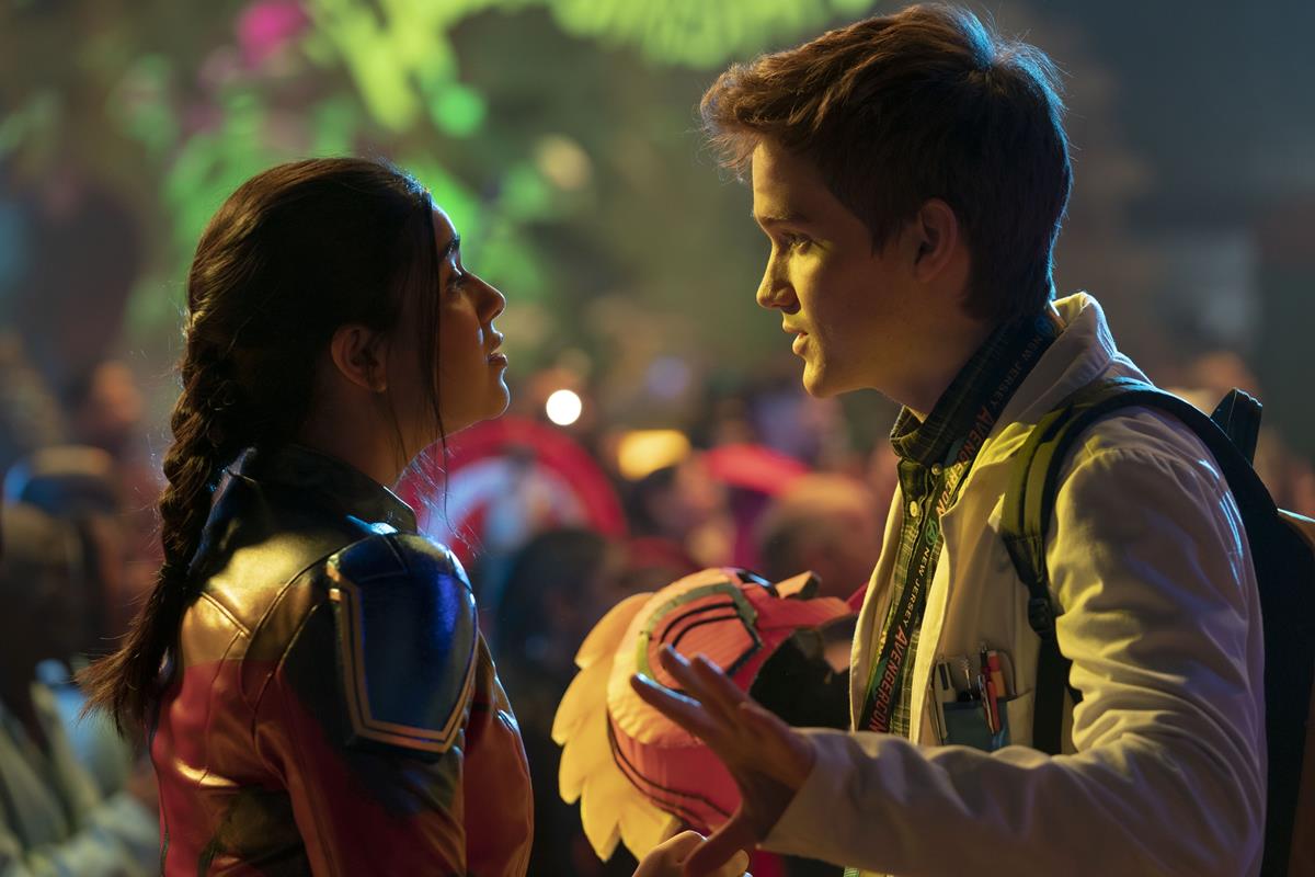 Iman Vellani as Ms. Marvel/Kamala Khan and Matt Lintz as Bruno Carrelli in “Ms. Marvel.” Cr: Daniel McFadden/Marvel Studios