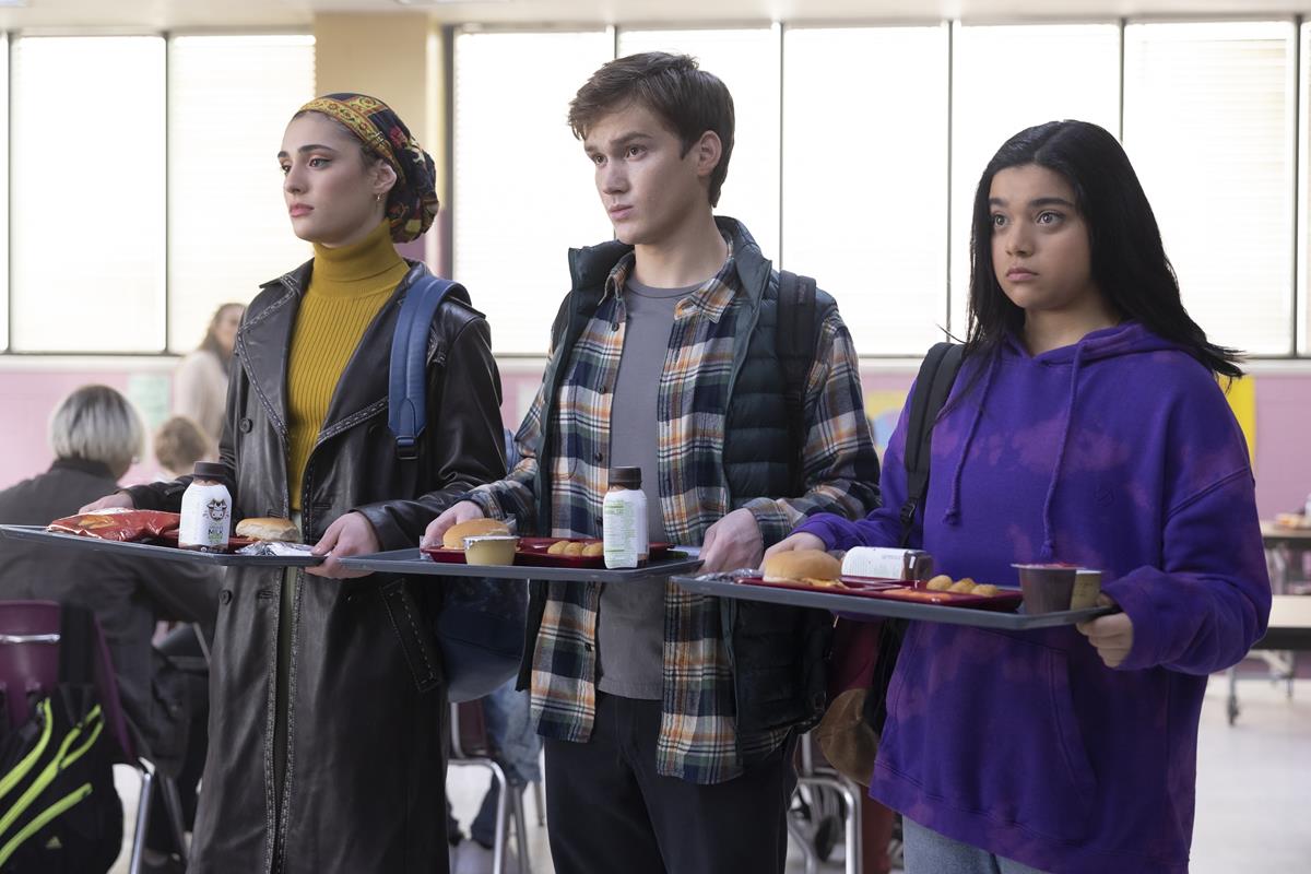 Yasmeen Fletcher as Nakia, Matthew Lintz as Bruno Carrelli, and Iman Vellani as Ms. Marvel/Kamala Khan in “Ms. Marvel.” Cr: Chuck Zlotnick/Marvel Studios