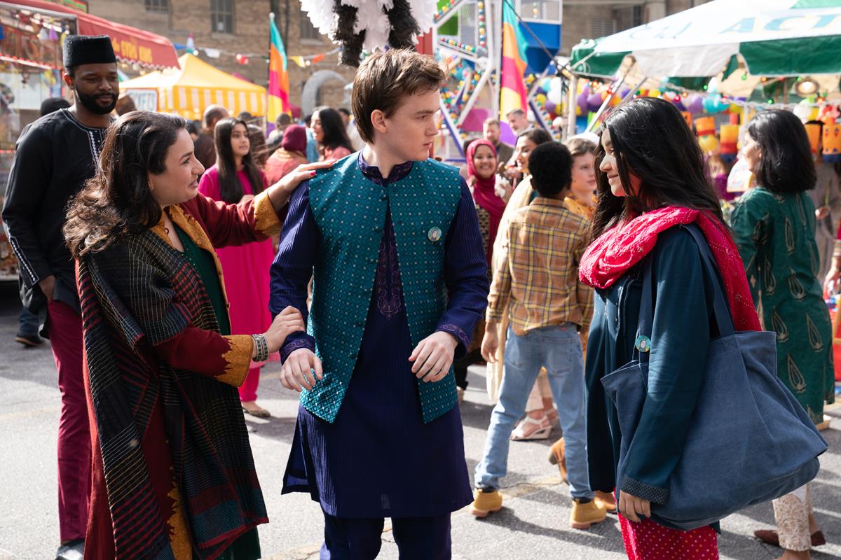 Zenobia Shroff as Muneeba; Matthew Lintz as Bruno, and Iman Vellani as Ms. Marvel/Kamala Khan in “Ms. Marvel.” Cr: Marvel Studios