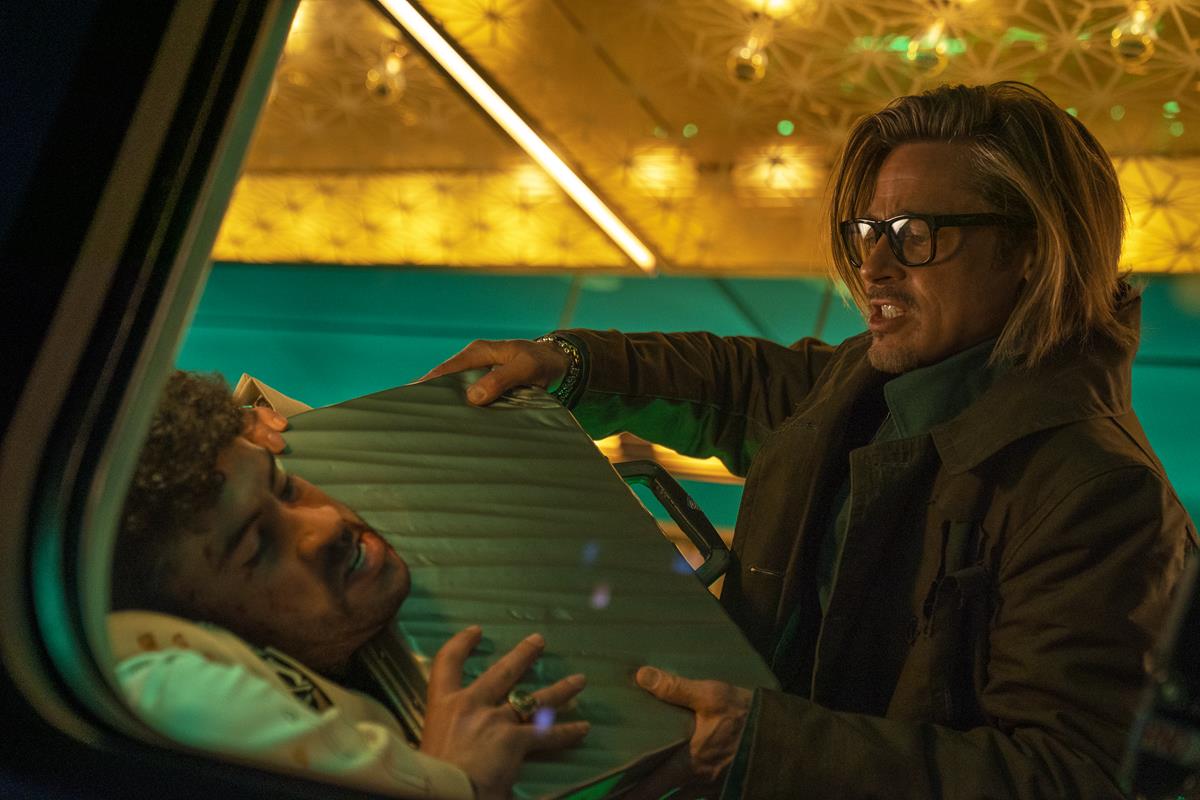 Bad Bunny as Wolf and Brad Pitt as Ladybug in director David Leitch’s “Bullet Train.” Cr: Scott Garfield/Sony Pictures