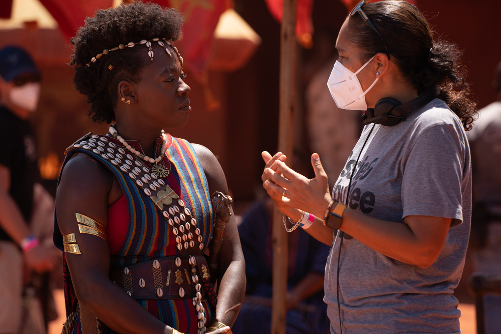 Viola Davis and director Gina Prince-Bythewood on the set of “The Woman King.” Cr: Ilze Kitshoff/Sony