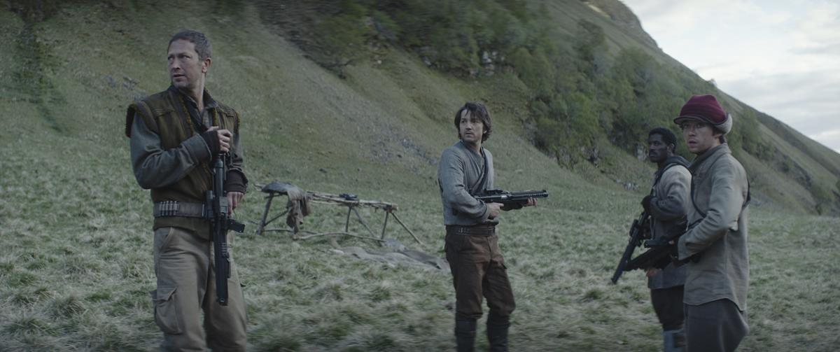 Ebon Moss-Bachrach as Arvel Skeen, Diego Luna as Cassian Andor, Gershwyn Eustache Jr. as Taramyn Barcona, and Alex Lawther as Karis Nemik in “Andor.” Cr: Disney+